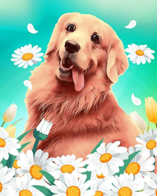 Golden Retriever and Daisies Diamond Painting Free Shipping - Diamonddazz